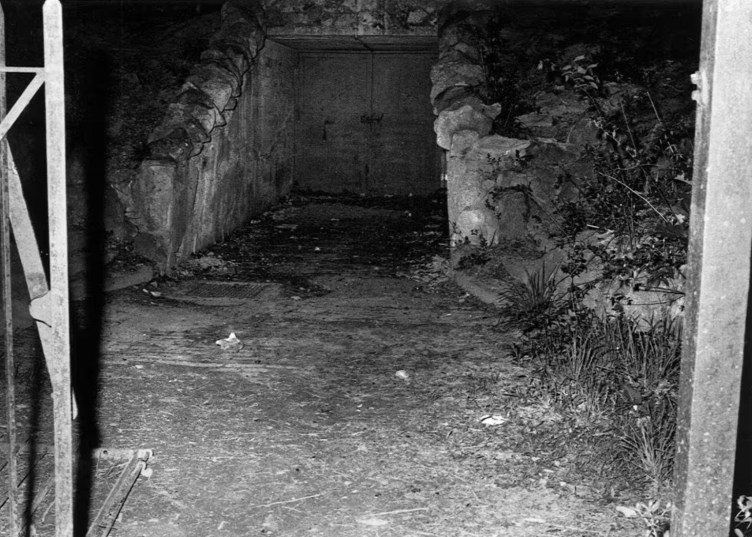 A shadowy photograph of a large doorway entrance surrounded by an archway of rocks and foliage.