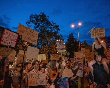 People demonstrate for the fifth day in a row in front of president Volodymyr Zelenskyy’s office demanding the reinstatement of former defence minister Mykhailo Fedorov and the dismissal of the Armed Forces Commander-in-Chief Oleksandr Syrskyi in Kyiv, Ukraine.