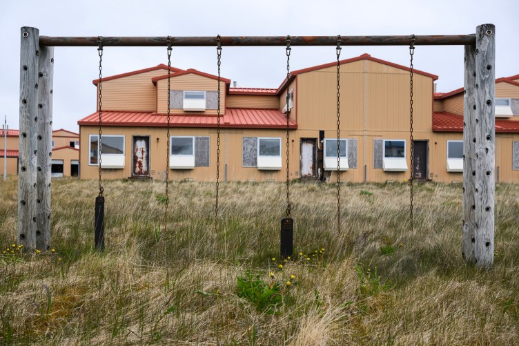 A broken swing set sits in front of an orange and red multistory home. Tall green and brown grass and yellow flowers grow all around.