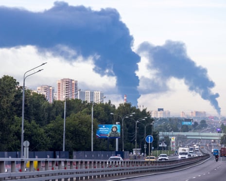 Smoke billows after Ukrainian drone attacks, according to the local authorities, in the course of the Russia-Ukraine conflict, in Podolsk, Moscow Region, Russia.