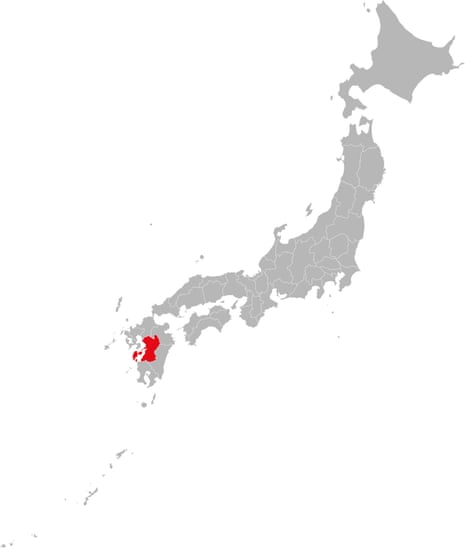 Die Provinz Kumamoto ist auf der Karte von Japan rot hervorgehoben.