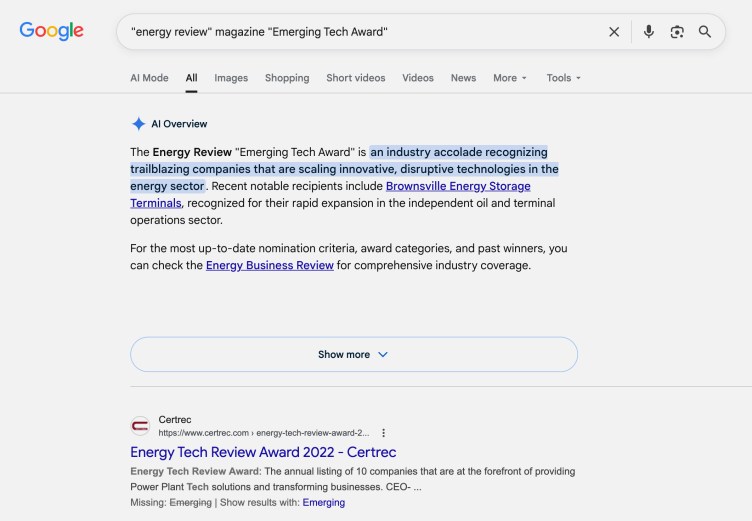 Une recherche Google pour le prix Emerging Tech Award du magazine Energy Review a donné une longue réponse à l'aperçu de l'IA.