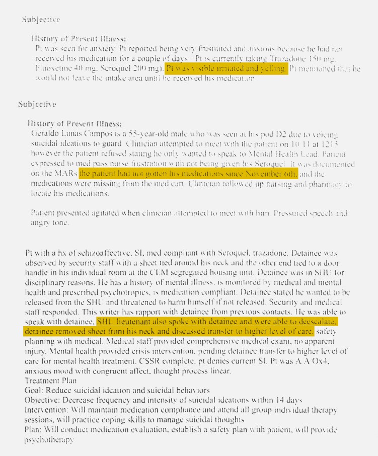 A compilation of three patient history excerpts shows various entries regarding Geraldo Lunas Campos. The text contains three highlighted sections:
First section: "Pt was visible irritated and yelling."
Second section: "the patient had not gotten his medications since November 6th."
Third section: "SHU lieutenant also spoke with detainee and were able to deescalate, detainee removed sheet from his neck and discussed transfer to higher level of care."