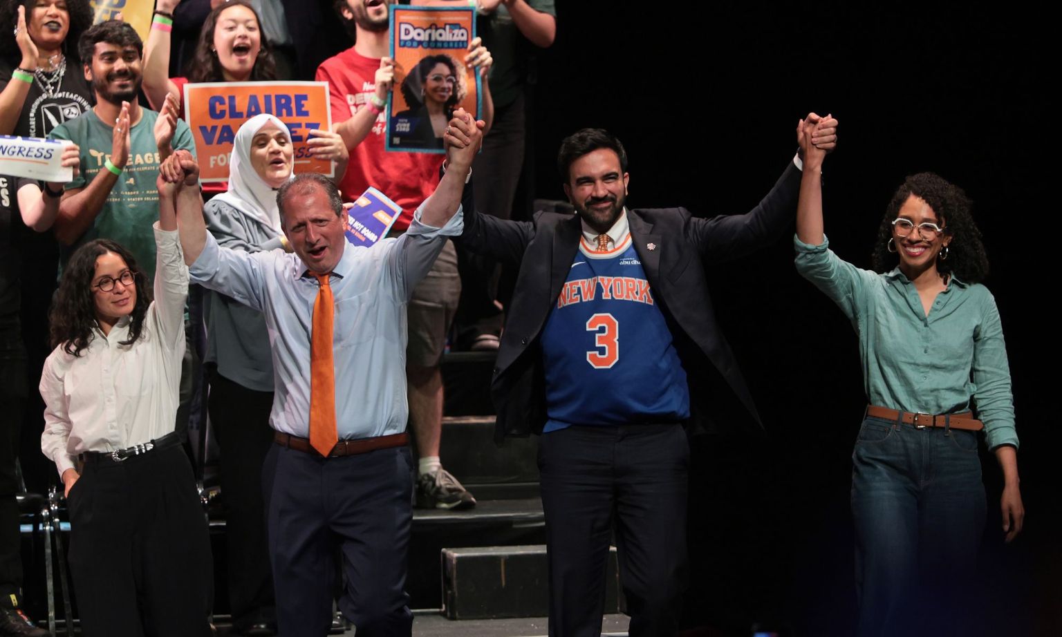 Congressional candidates Claire Valdez, Brad Lander, and Darializa Avila Chevalier and NYC mayor Zohran Mamdani, June 2026.