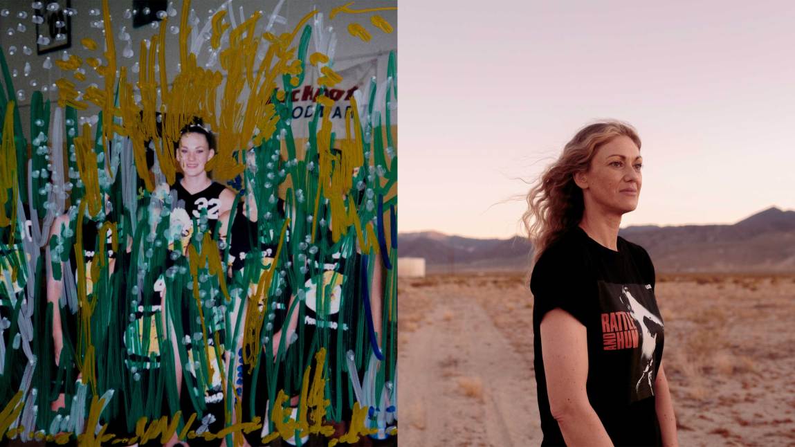 A diptych of a heavily altered vintage team photograph of a young female basketball player in a black jersey, with the surrounding teammates largely obscured by painted streaks of green, gold and white, next to an outdoor portrait of a woman with long wavy hair standing in profile against a desert landscape at dusk.