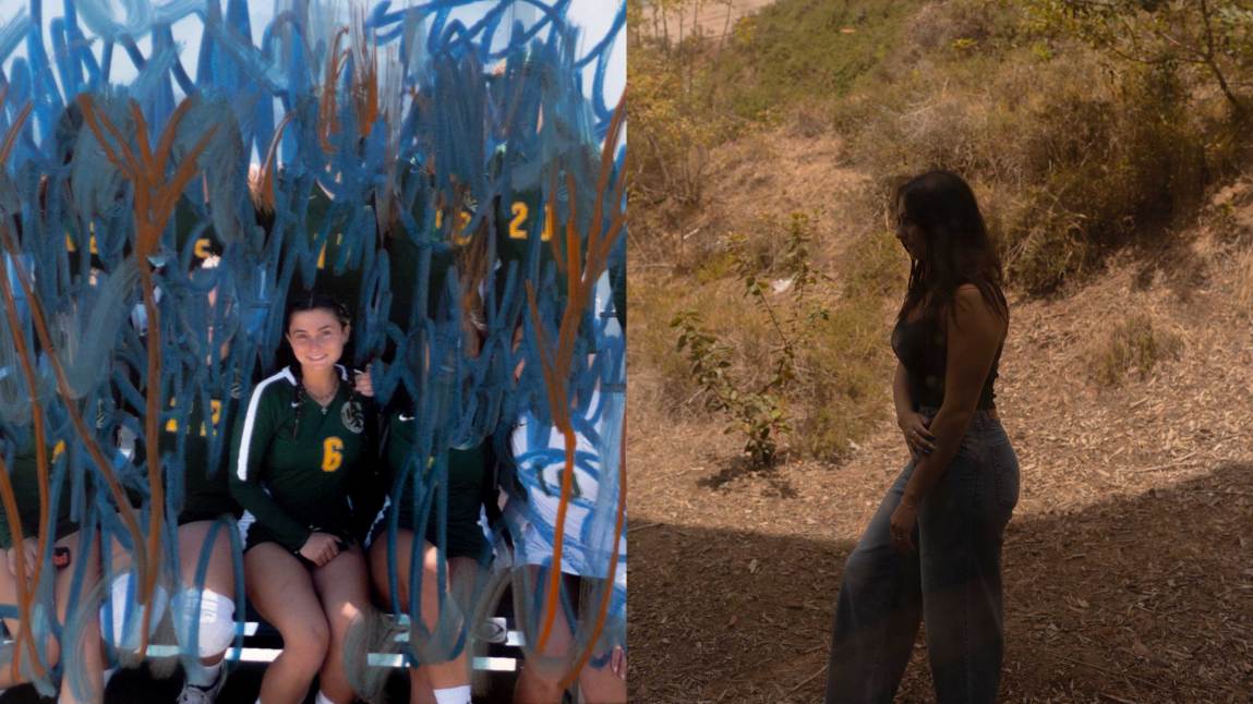 A diptych shows a heavily altered photo of a volleyball team where blue and brown paint obscures most players except a smiling girl in a green jersey with the number 6 on the left, and a full-length profile portrait of a woman in jeans standing outdoors on a dry hillside on the right.