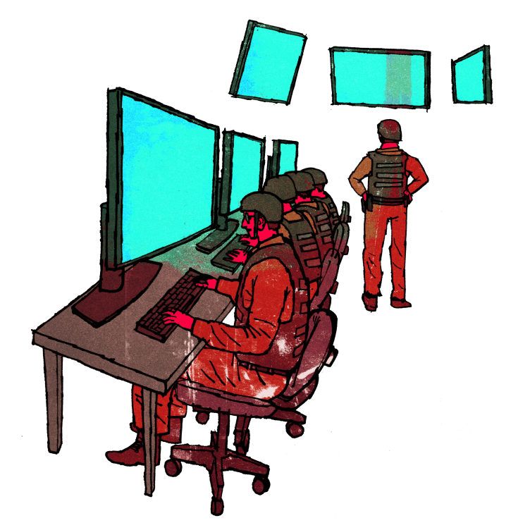 An illustration of a row of armed personnel in tactical gear and helmets sitting at computer desks in front of glowing cyan monitors.