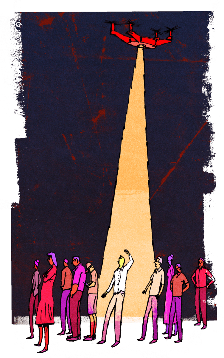 An illustration depicts a surveillance drone hovering against a dark, textured sky, casting a bright beam of light directly onto a person with a raised hand standing in a line of people waiting to vote.