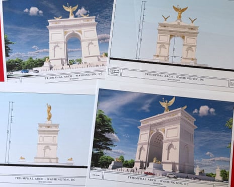 Artist renderings and diagrams for Donald Trump’s new triumphal arch released by the US Commission on Fine Arts that is planned to be built in Washington between the Lincoln Memorial and Arlington National Cemetery, are photographed in April.