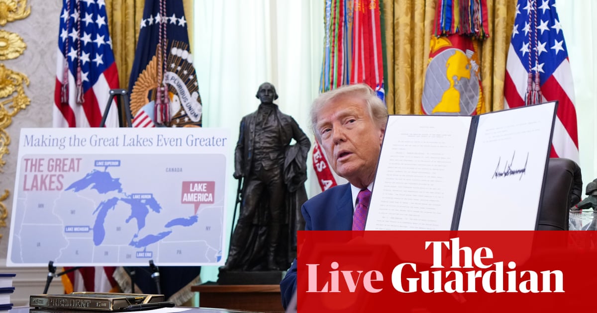 Trump signs order to rename Lake Ontario as Lake America amid Canada trade war – US politics live | US politics