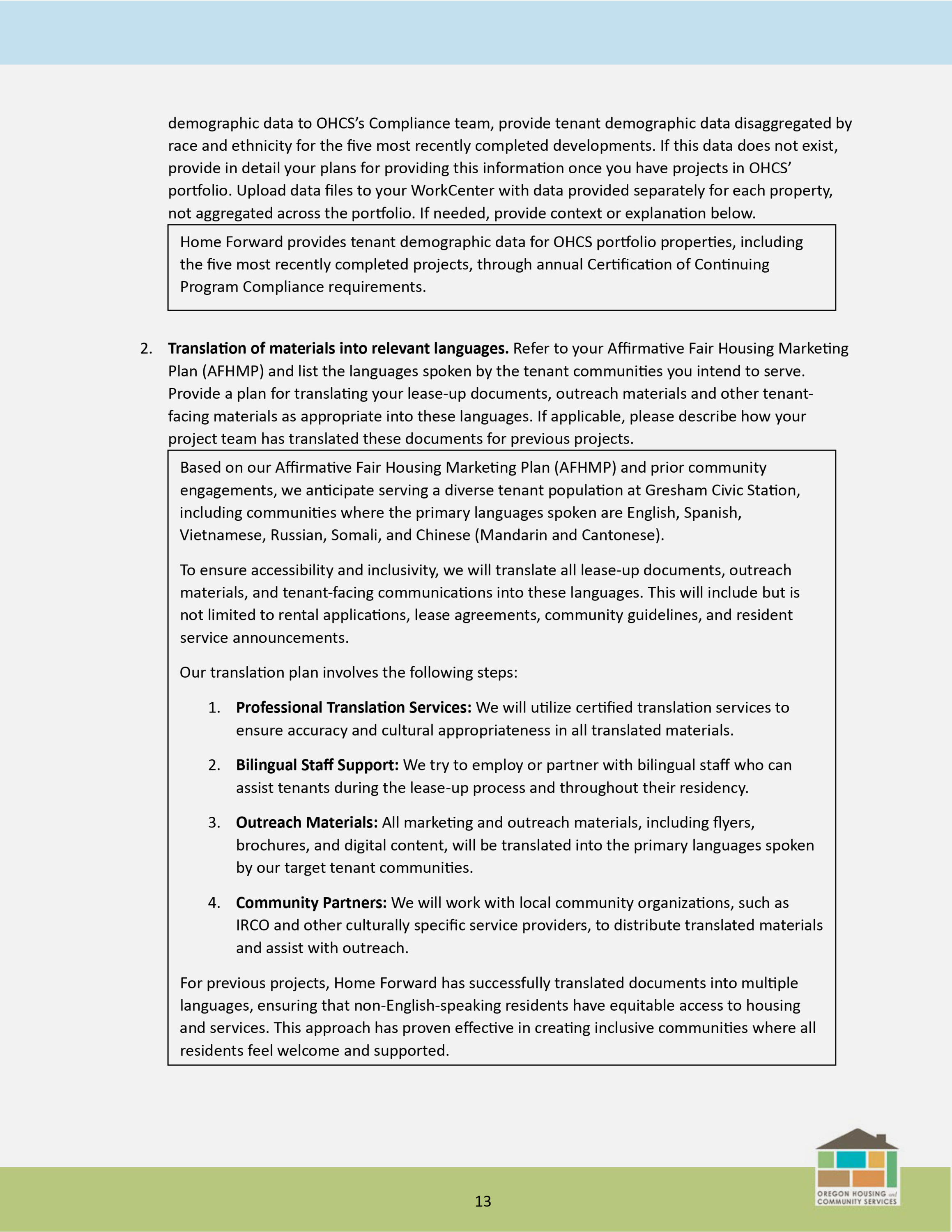 The same document without any redactions. The developer’s plan includes using professional translation services, hiring bilingual staff, translating outreach materials and working with community partners.