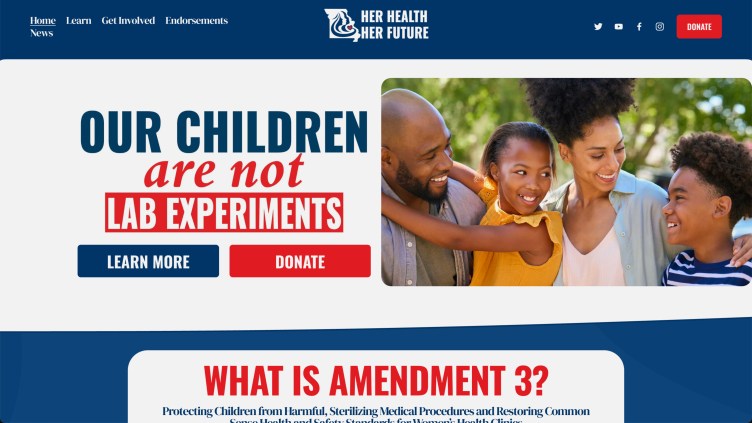 A website with a stock image of a smiling family and the words, “Our children are not lab experiments.”