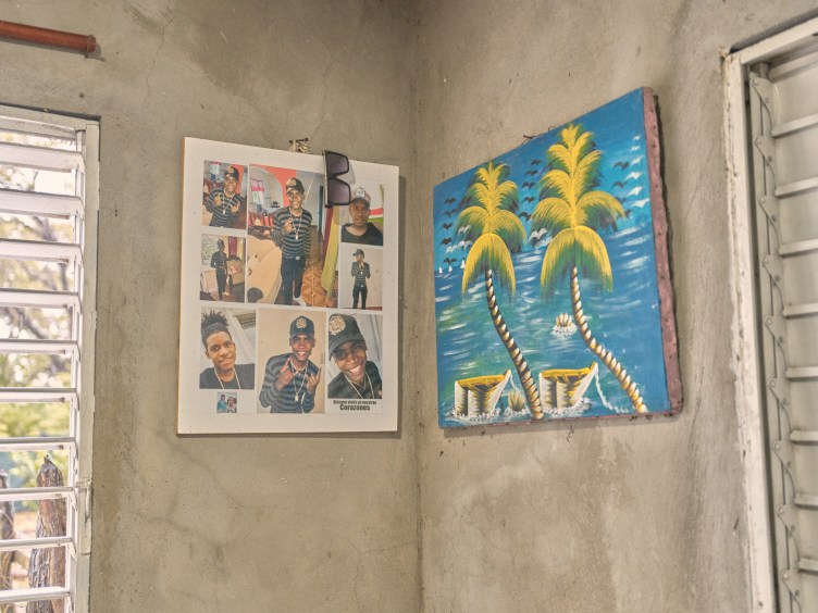 A white poster board with photos of a person smiling and posing hangs next to a painting of palm trees and the ocean on a concrete wall.
