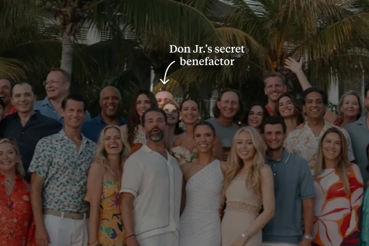 A group photo shows Donald Trump Jr.; his wife, Bettina Trump; and Russian oligarch Umar Kremlev. An arrow points toward Kremlev with the words “Don Jr.’s secret benefactor.”