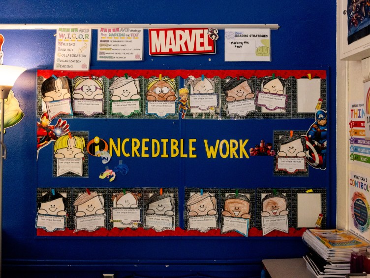 Two rows of worksheets where students have colored in cartoon versions of themselves and written why they are unique.