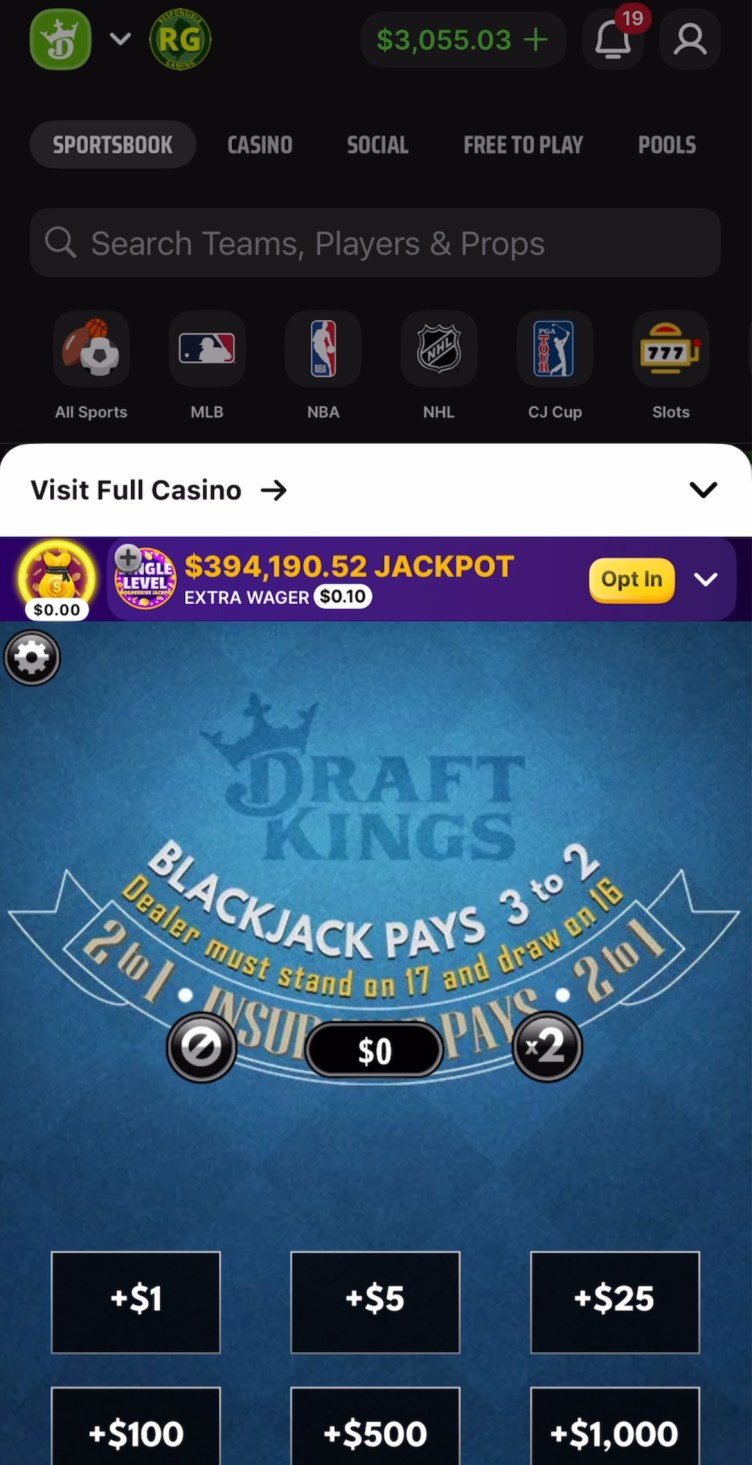 A phone screen shows a menu listing Sportsbook, Casino, Social, Free to Play and Pools. A highlighted screen reads “Visit Full Casino.” Below is a blackjack table with a DraftKings logo listing various dollar amounts: $1, $5, $25, $100, $500, $1,000.