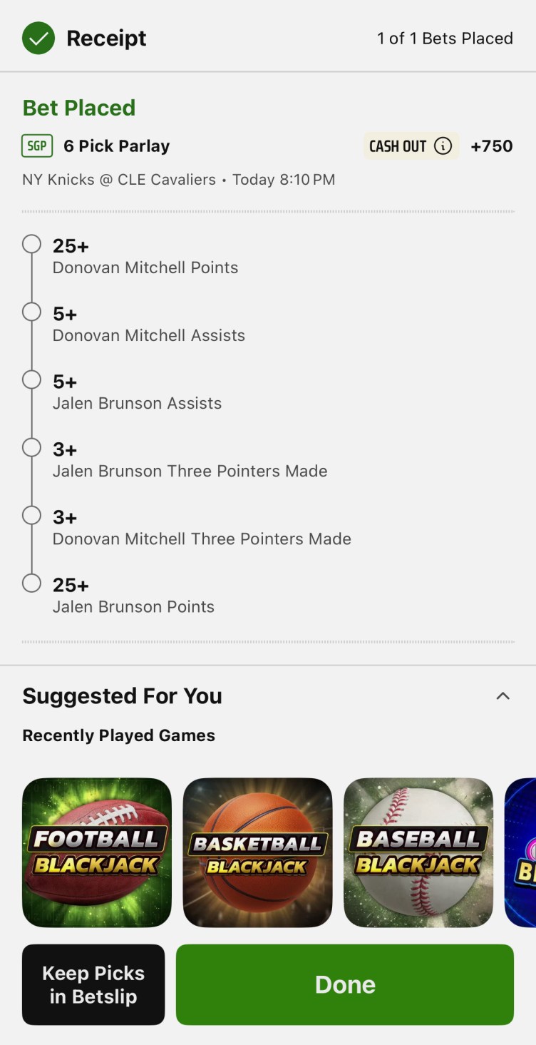A receipt with football blackjack, basketball blackjack and baseball blackjack listed under the “Suggested For You” section.