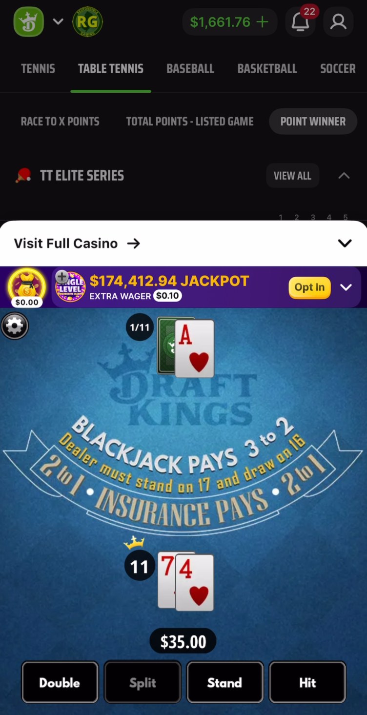 Blackjack table with “Double” highlighted, next to “Split,” “Stand” and “Hit.”