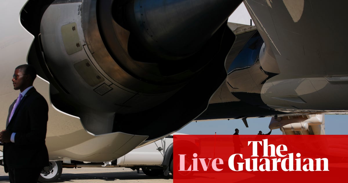 Trump to address midterm convention after Qatar-gifted plane delayed by emergency-slide check – live | US news
