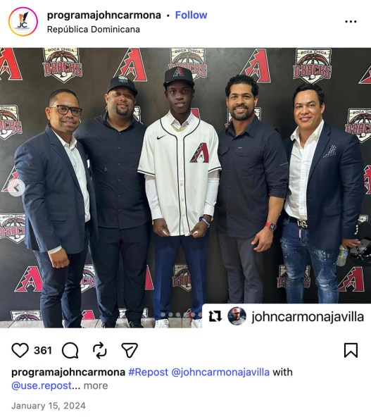 An Instagram post showing young baseball prospect Belfi Rivera posing with four men in front of an Arizona Diamondbacks backdrop.