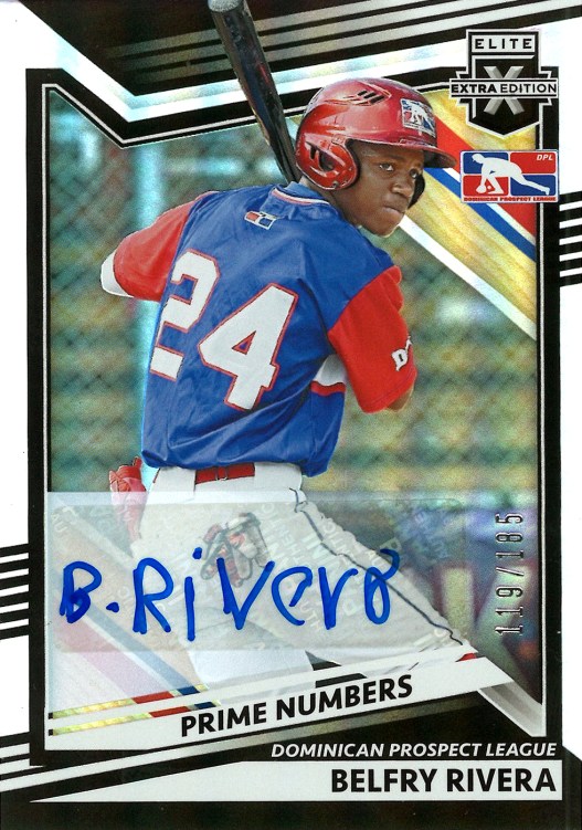 An autographed trading card featuring baseball player Belfi Rivera wearing a blue and red No. 24 jersey.