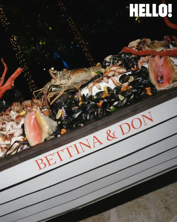 Lobsters, mussels and other seafood displayed in a boat labeled “Bettina & Don.”