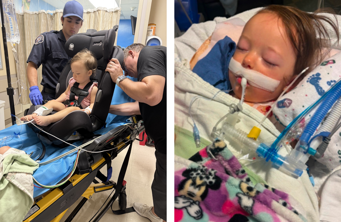 Left Photo: A toddler with medical tubes attached to her sits in a car seat on a hospital gurney, attended to by a paramedic and another man. Right Photo: A young child with a breathing tube taped to her mouth lies unconscious in a hospital bed, covered with a blanket.