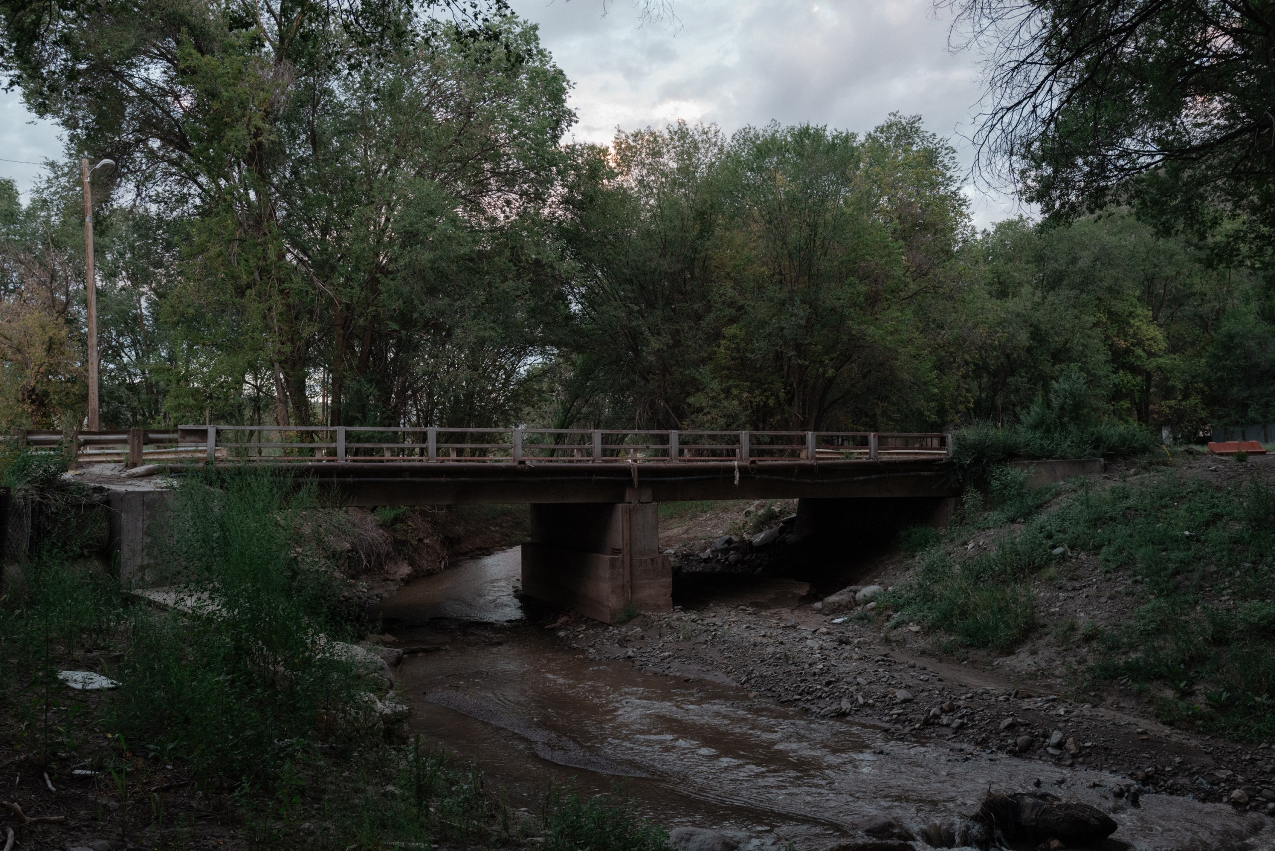 A narrow, concrete beam bridge spans a shallow, muddy stream flanked by dense green trees and dirt banks.