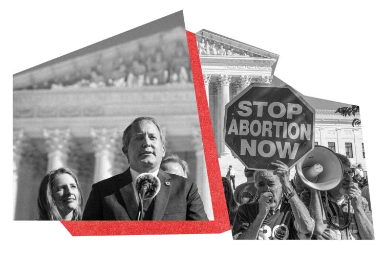 A digital collage divided by a red angular border shows Texas Attorney General Ken Paxton speaking at a microphone in front of the U.S. Supreme Court on the left, juxtaposed with anti-abortion protesters holding a megaphone and a "STOP ABORTION NOW" sign on the right.