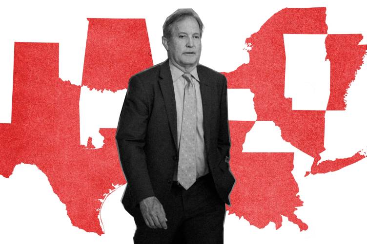 A digital collage featuring a cutout of Texas Attorney General Ken Paxton walking forward is layered over a graphic showing red silhouettes of U.S. states set against a white background.