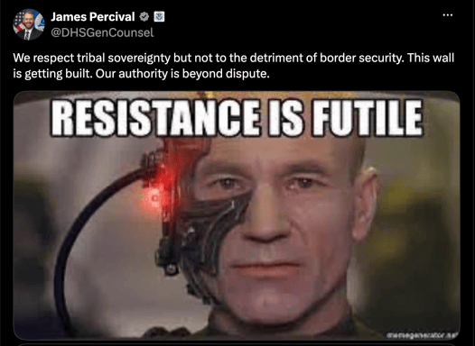A meme shows a light-skinned individual with a futuristic mask partially covering their face. The words “Resistance is Futile” span the top of the image in white block letters.