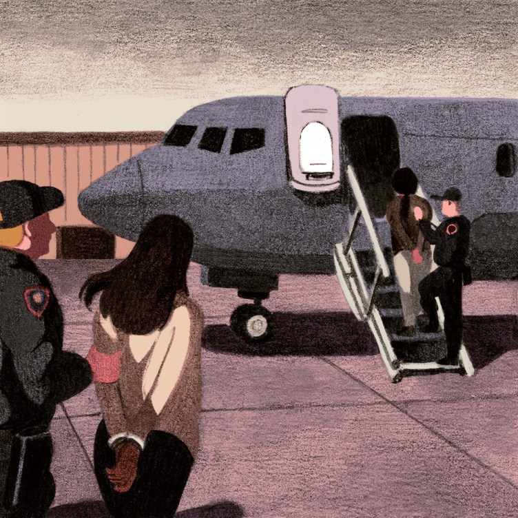 An illustration shows handcuffed individuals being escorted up the stairs into an airplane on a tarmac under the supervision of uniformed officers.