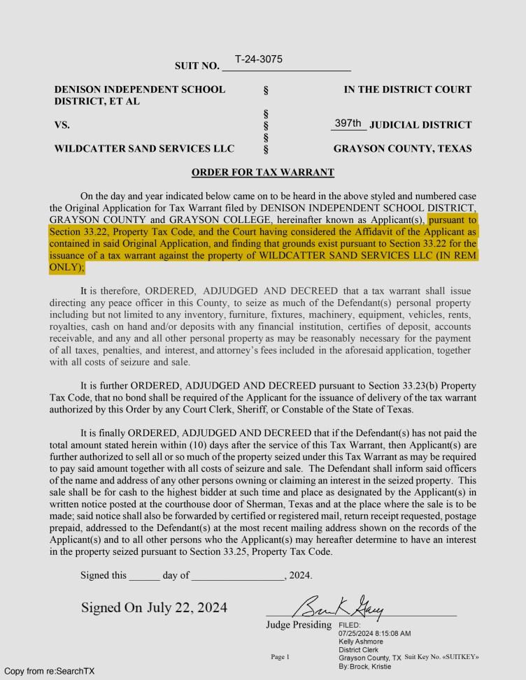 A legal court document titled “Order for Tax Warrant” from the 397th Judicial District Court of Grayson County, Texas. Highlighted text references Section 33.22 of the Property Tax Code authorizing a tax warrant against property owned by Wildcatter Sand Services LLC.